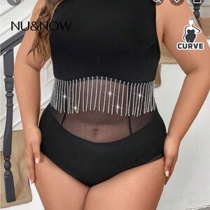 SHEIN Black Bodysuit with Rhinestone Fringe